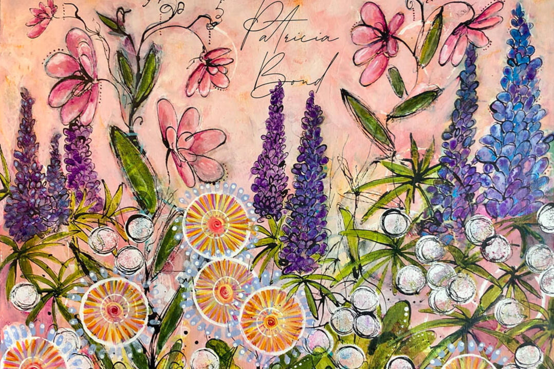 mixed media abstract whimsical garden on canvas